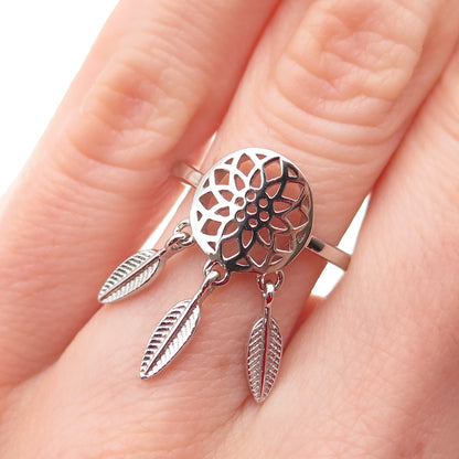 925 Sterling Silver Dreamcatcher Dangle Charm Adjustable Ring Size 6