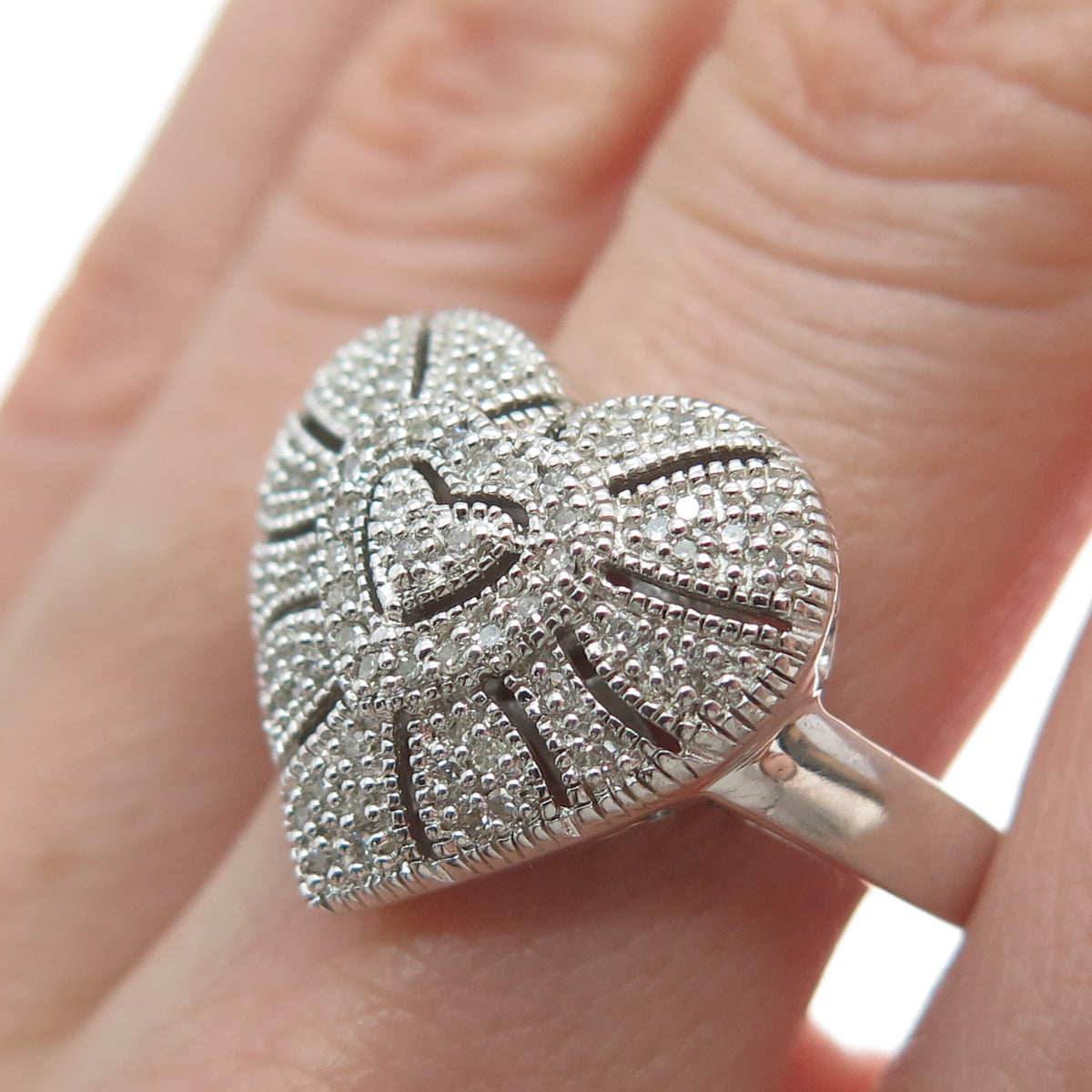 925 Sterling Silver Real Round-Cut Diamond Heart Ring Size 9.25