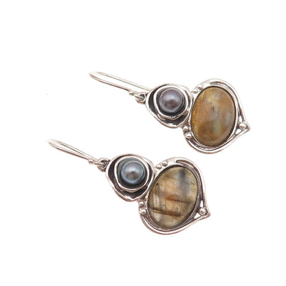 Hagit Gorali 925 Sterling Silver Vintage Israel Real Labradorite Pearl Earrings