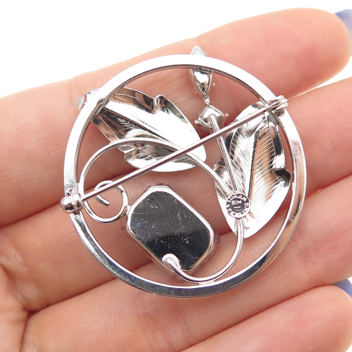 LORAN SIM 925 Sterling Antique Art Deco Blue White Rhinestone Floral Pin Brooch