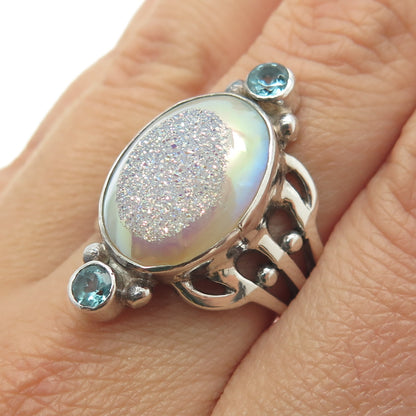 SAJEN 925 Sterling Silver Vintage Druzy Aquamarine Gem Adjustable Ring Size 8.25