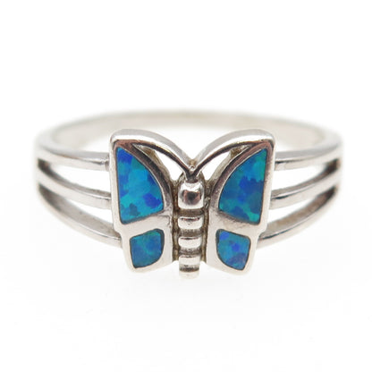 925 Sterling Silver Vintage Real Opal Butterfly Ring Size 10