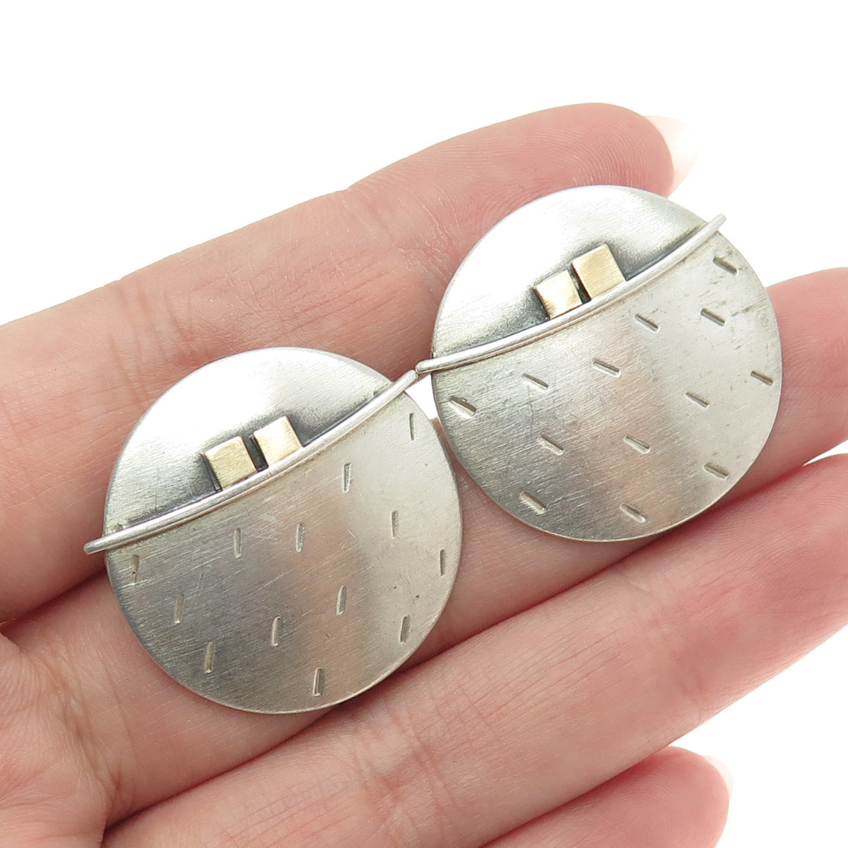 BAA 925 Sterling Silver & 18K Yellow Gold Vintage Modernist Disc Earrings