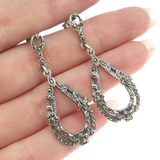 925 Sterling Silver Vintage Real Marcasite Floral Teardrop Dangling Earrings