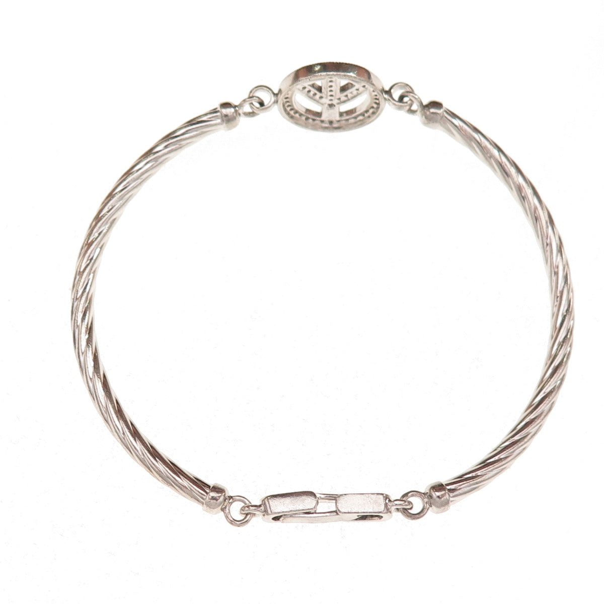 925 Sterling Silver Real Round-Cut Diamond Peace Symbol Bracelet 7"