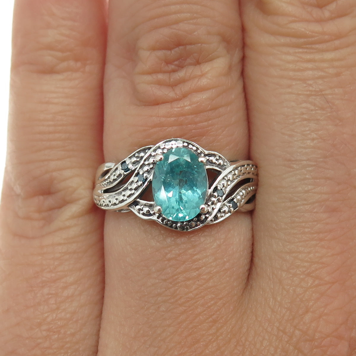 CHUCK CLEMENCY 925 Sterling Silver Real Blue Diamond & Aquamarine Ring Size 6.25