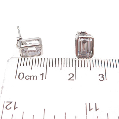 925 Sterling Silver Emerald-Cut C Z Stud Earrings