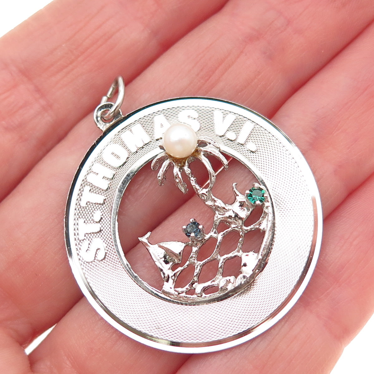 925 Sterling Silver Vintage Real Pearl & Rhinestone St. Thomas VI Charm Pendant