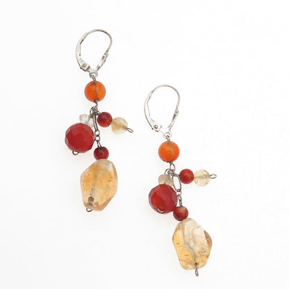 925 Sterling Silver Vintage Real Carnelian Clear Quartz Citrine Beaded Earrings