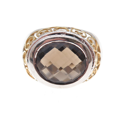 925 Sterling Silver 2-Tone Real Smoky Quartz Heart Ornate Ring Size 8.25