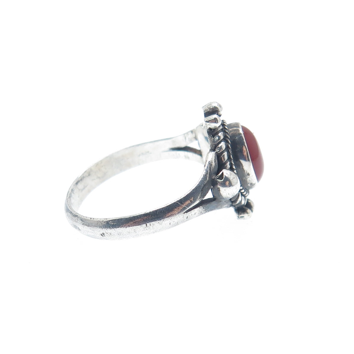 925 Sterling Silver Vintage Real Carnelian Beaded Oxidized Ring Size 7.25