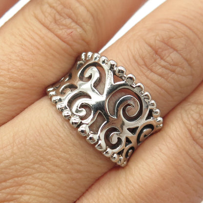 925 Sterling Silver Vintage Concaved Scroll & Beaded Ring Size 8