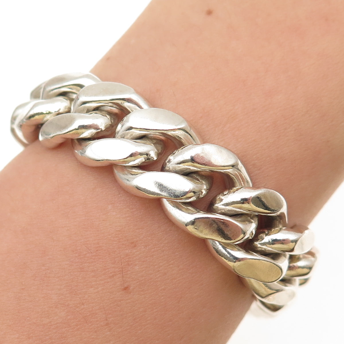 925 Sterling Silver Vintage Italy Heavy 98.2g Cuban Link Bracelet 7.25"