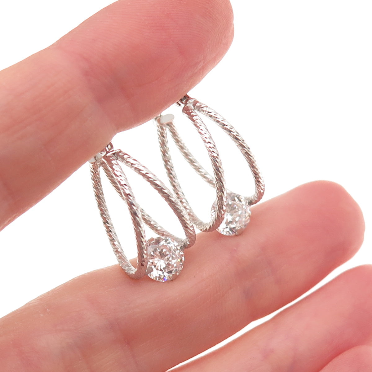 925 Sterling Silver Round-Cut C Z Hoop Earrings