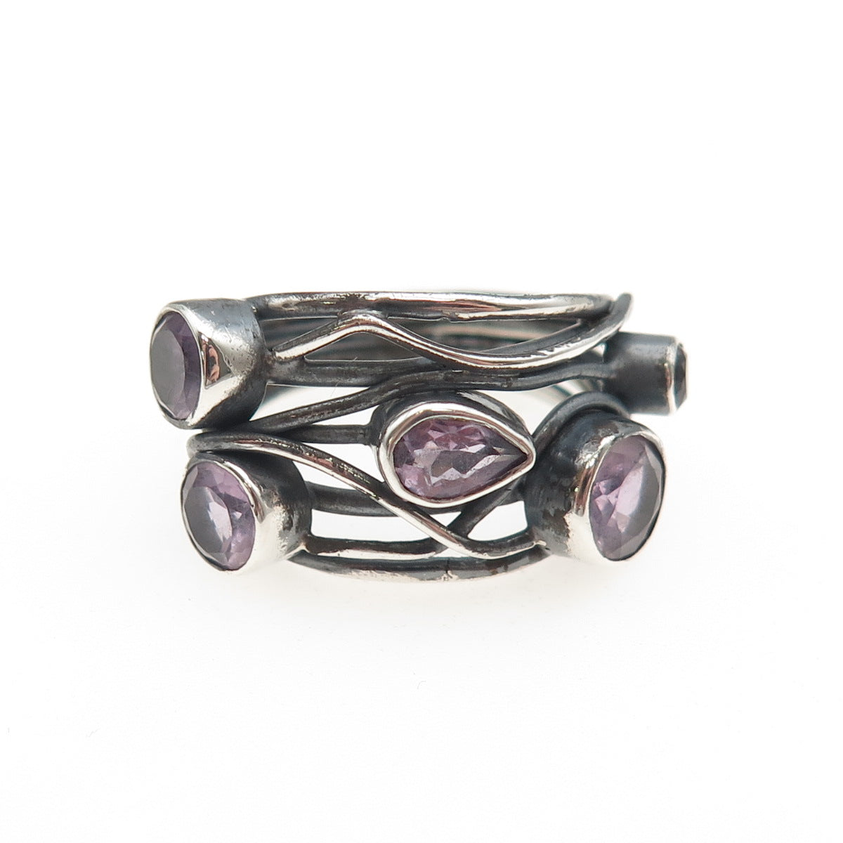 925 Sterling Silver Vintage Real Amethyst Modernist Oxidized Ring Size 7
