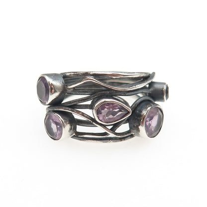 925 Sterling Silver Vintage Real Amethyst Modernist Oxidized Ring Size 7