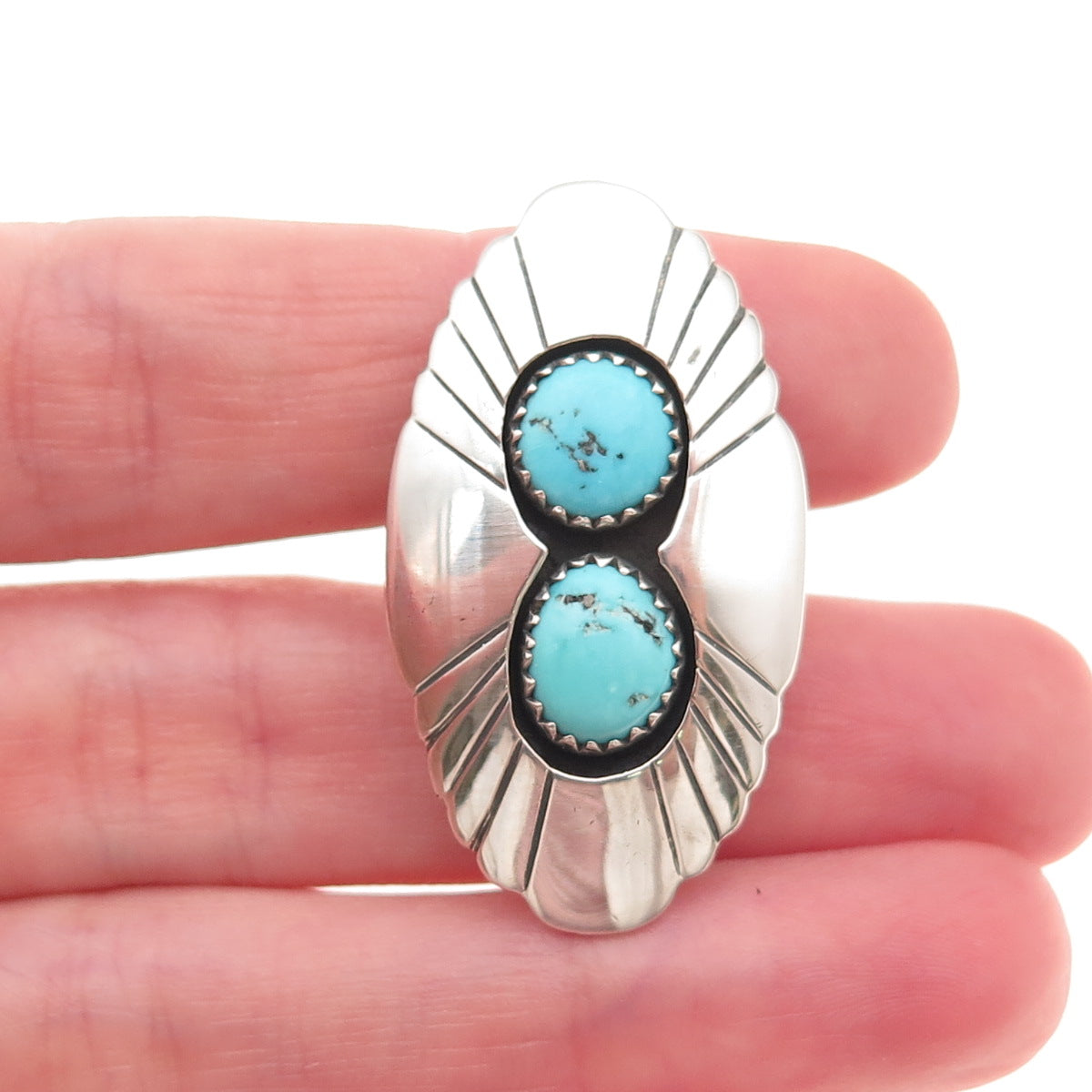 Old Pawn 925 Sterling Silver Vintage Turquoise Shadow Box Tribal Ring Size 5