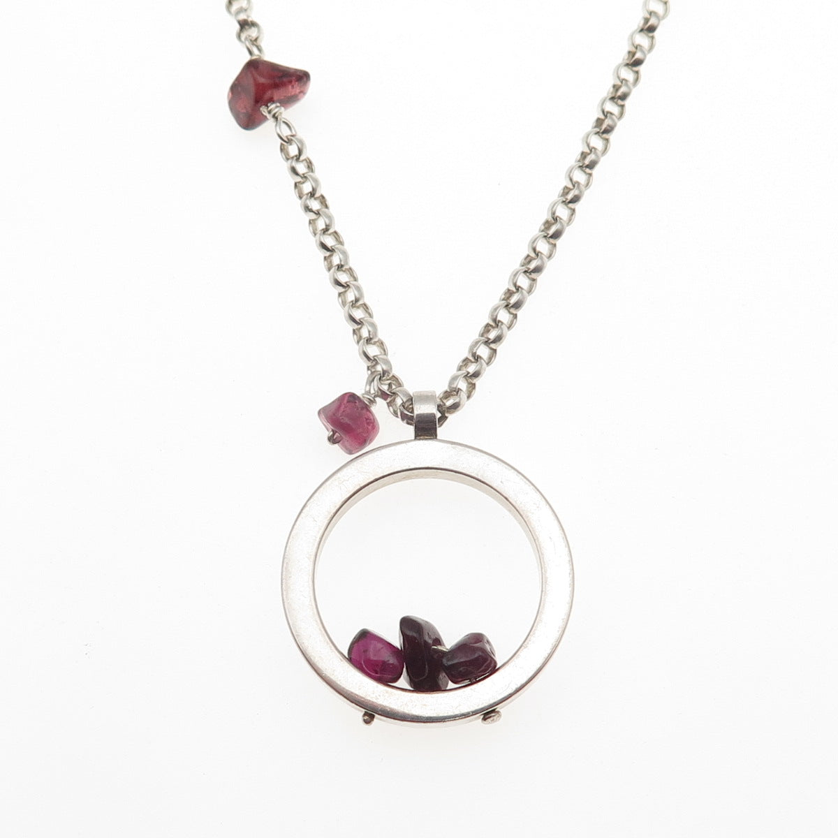 MIGNON FAGET Sterling Vintage Real Red Garnet Circle of Life Chain Necklace 18"