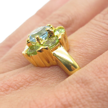 925 Sterling Silver Gold Plated Real Peridot & Blue Topaz Ring Size 10.25