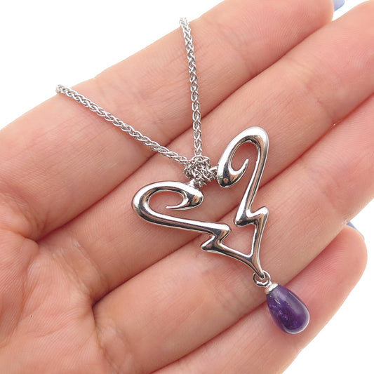GUESS 925 Sterling Silver Real Amethyst Heart Spiga Chain Necklace 14-18"