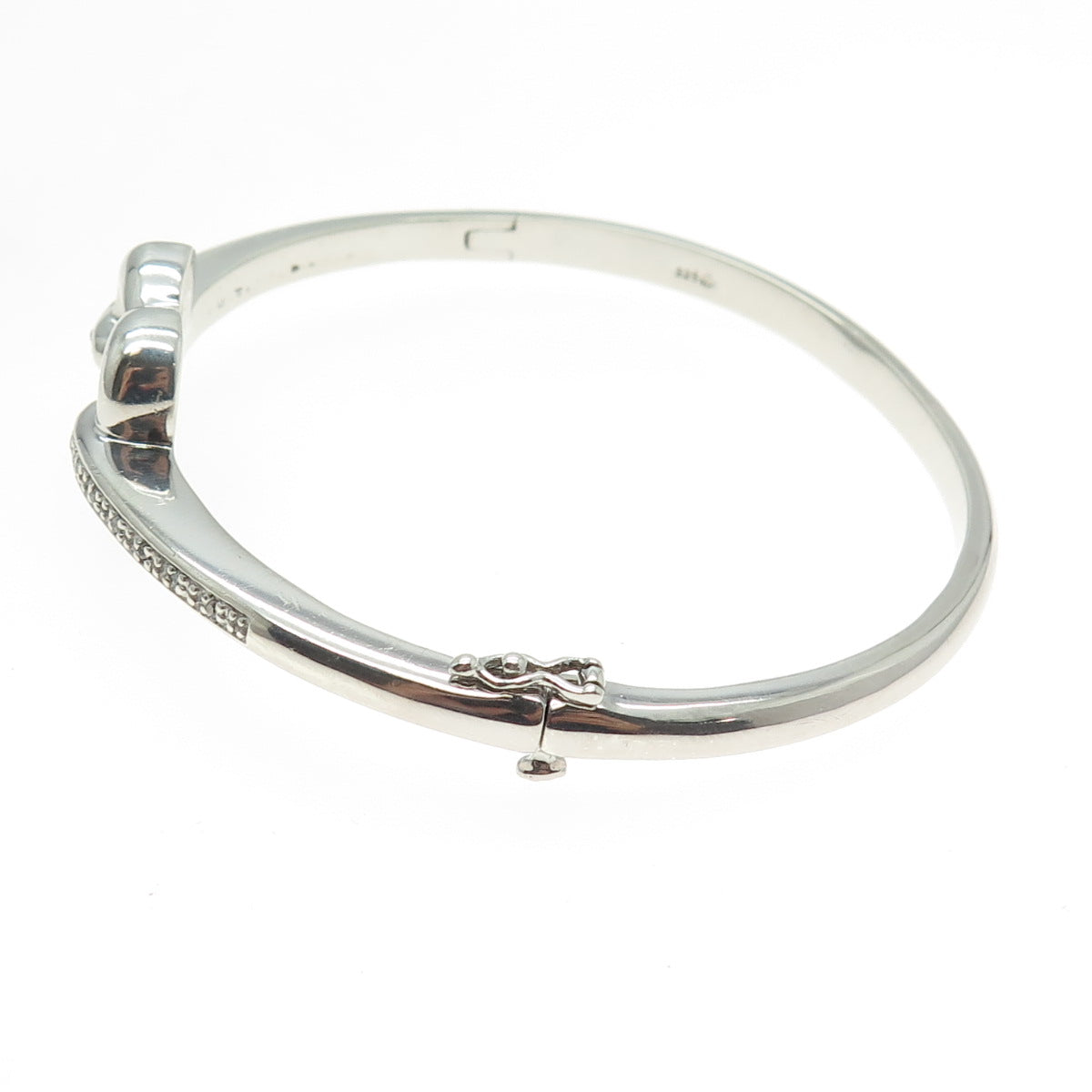 925 Sterling Silver Real Round-Cut Diamond Heart Bangle Bracelet 7.25"