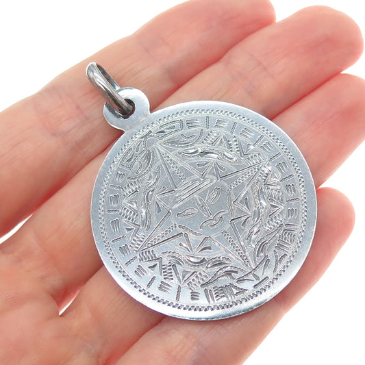 PLAFINA 925 Sterling Silver Vintage Mexico Mayan Calendar Oxidized Pendant