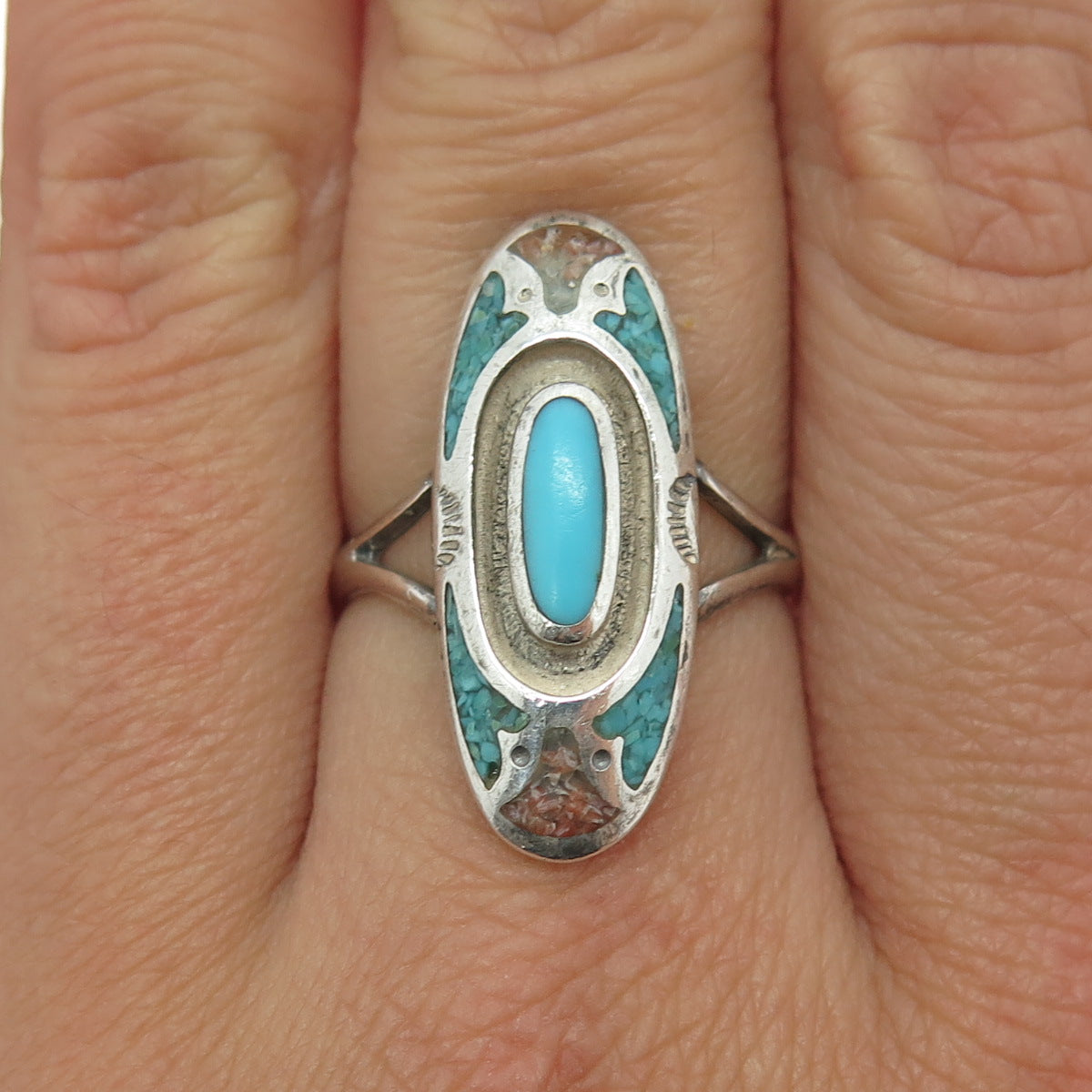 Old Pawn Sterling Silver Southwestern Turquoise Coral Inlay Ring Size 7.75