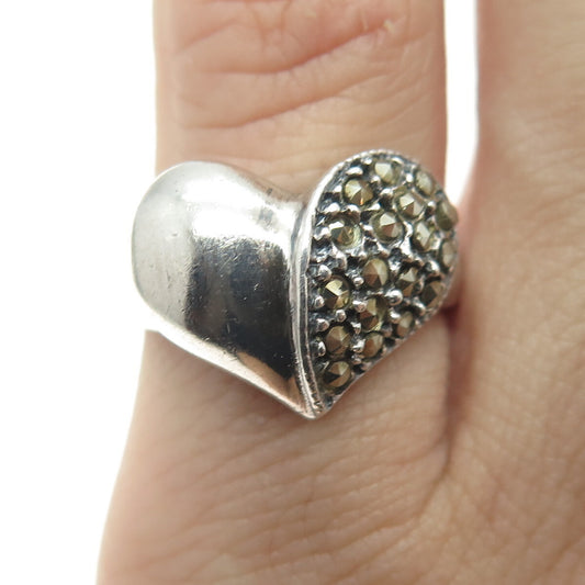 925 Sterling Silver Vintage Real Marcasite Heart Ring Size 4.75