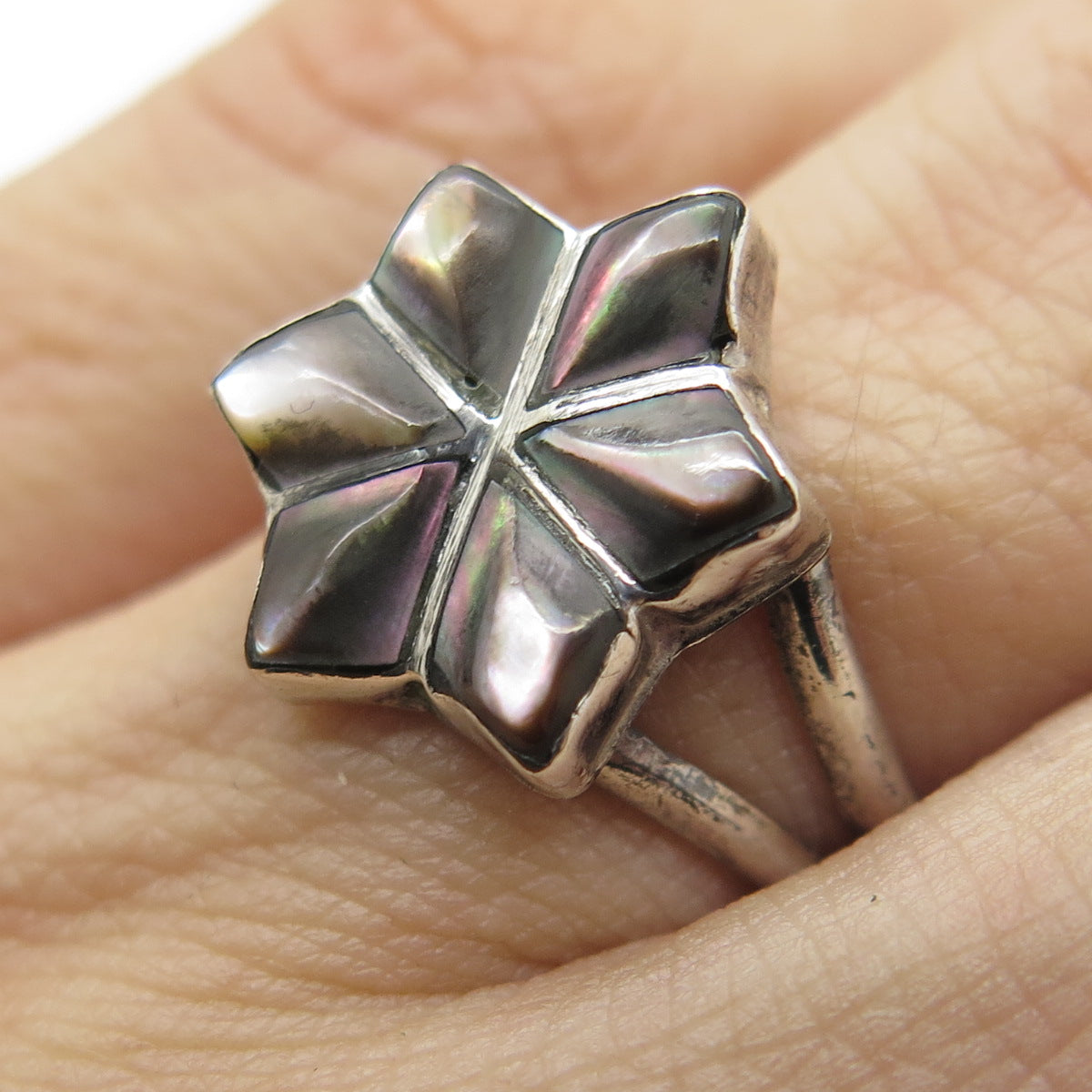 Old Pawn 925 Sterling Silver Vintage Real Abalone Shell Flower Ring Size 6.5