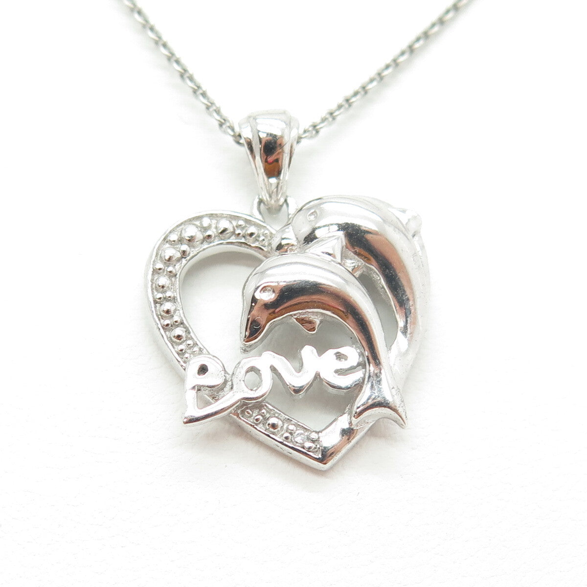 925 Sterling Silver Round-Cut C Z Love Dolphin Heart Cable Chain Necklace 16"