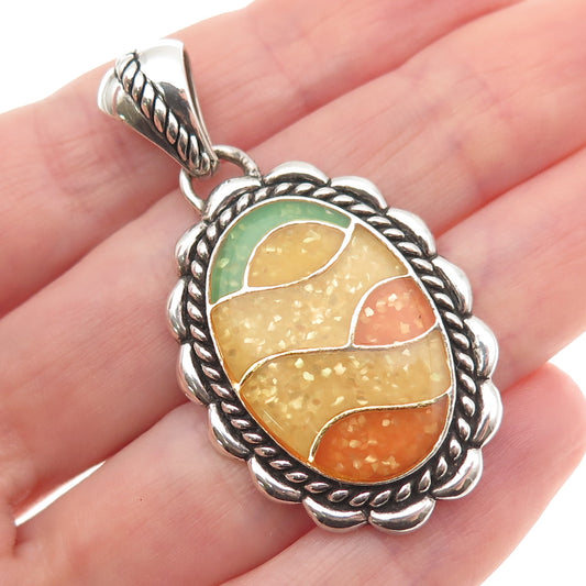 Carolyn Pollack Sterling Silver Vintage Real Turquoise Coral & MOP Inlay Pendant