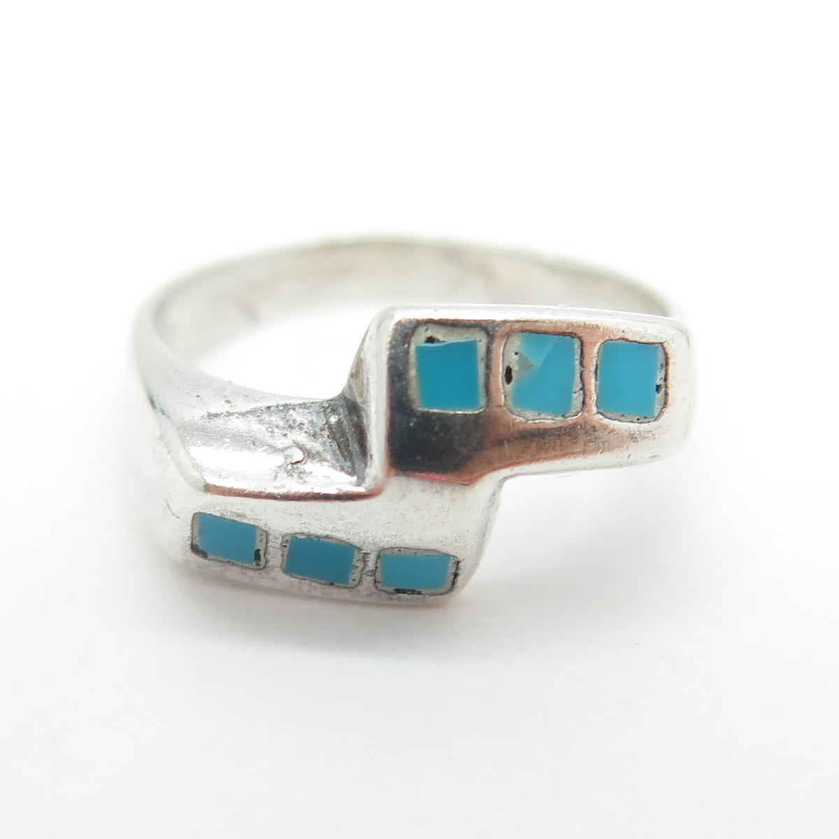 925 Sterling Silver Vintage Real Turquoise Gem Inlay Ring Size 4.5