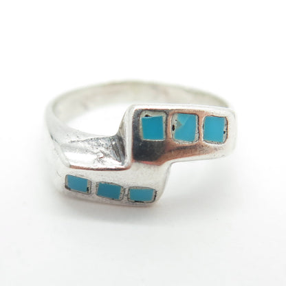 925 Sterling Silver Vintage Real Turquoise Gem Inlay Ring Size 4.5