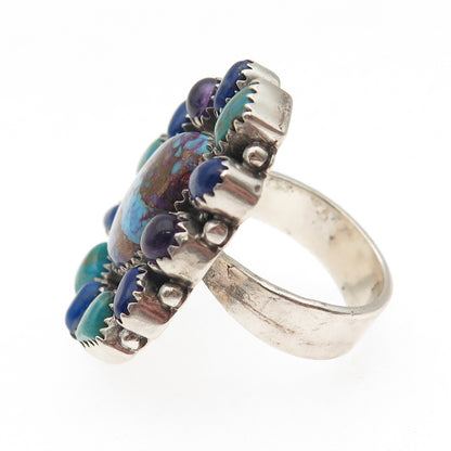 925 Sterling Vintage Mohave Turquoise Amethyst & Lapis Adjustable Ring Size 8.25