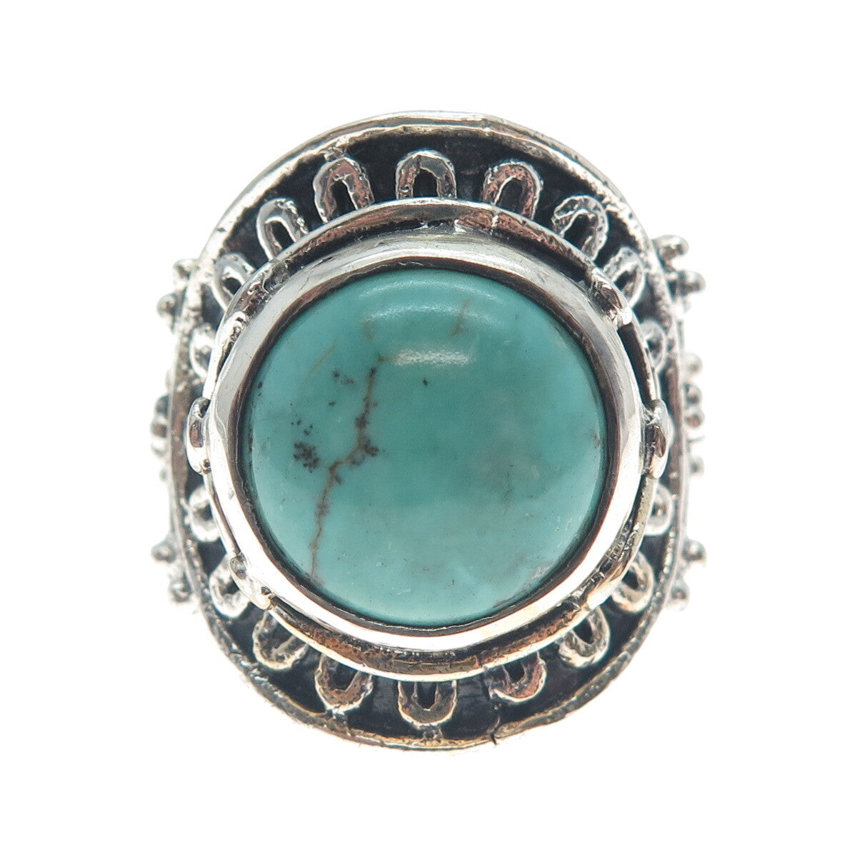 925 Sterling Silver Vintage Lone Mountain Turquoise Sun Oxidized Ring Size 10.5