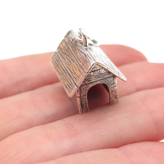 925 Sterling Silver Vintage Dog House Oxidized 3D Charm Pendant