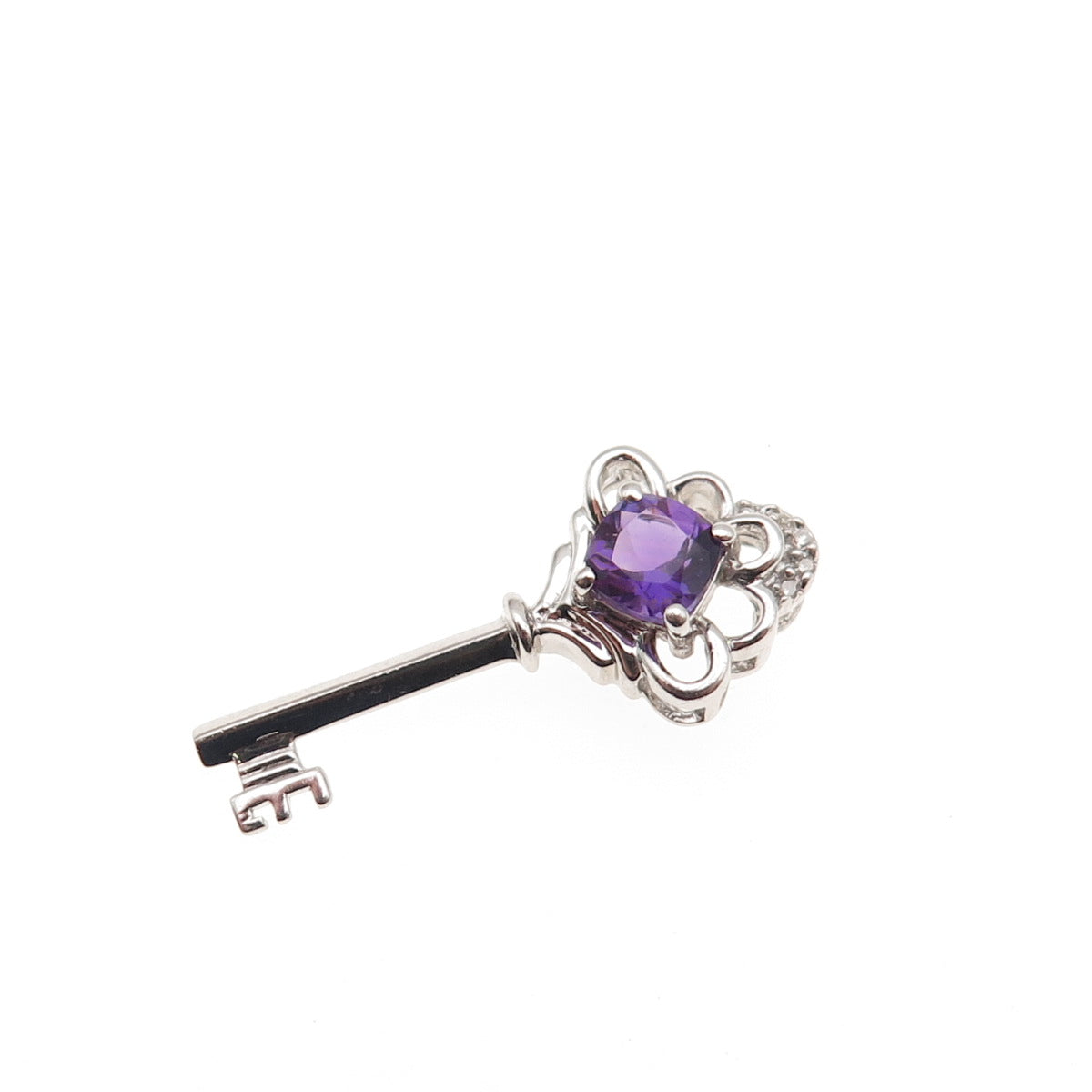 Sun 925 Sterling Silver Real Diamond & Amethyst Floral Key Slide Charm Pendant