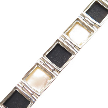 925 Sterling Silver Vintage Real Black Onyx & MOP Panel Link Bracelet 6.5"