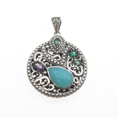BERIA Sterling Silver Vintage Real Amazonite Mystic Quartz & Tourmaline Pendant