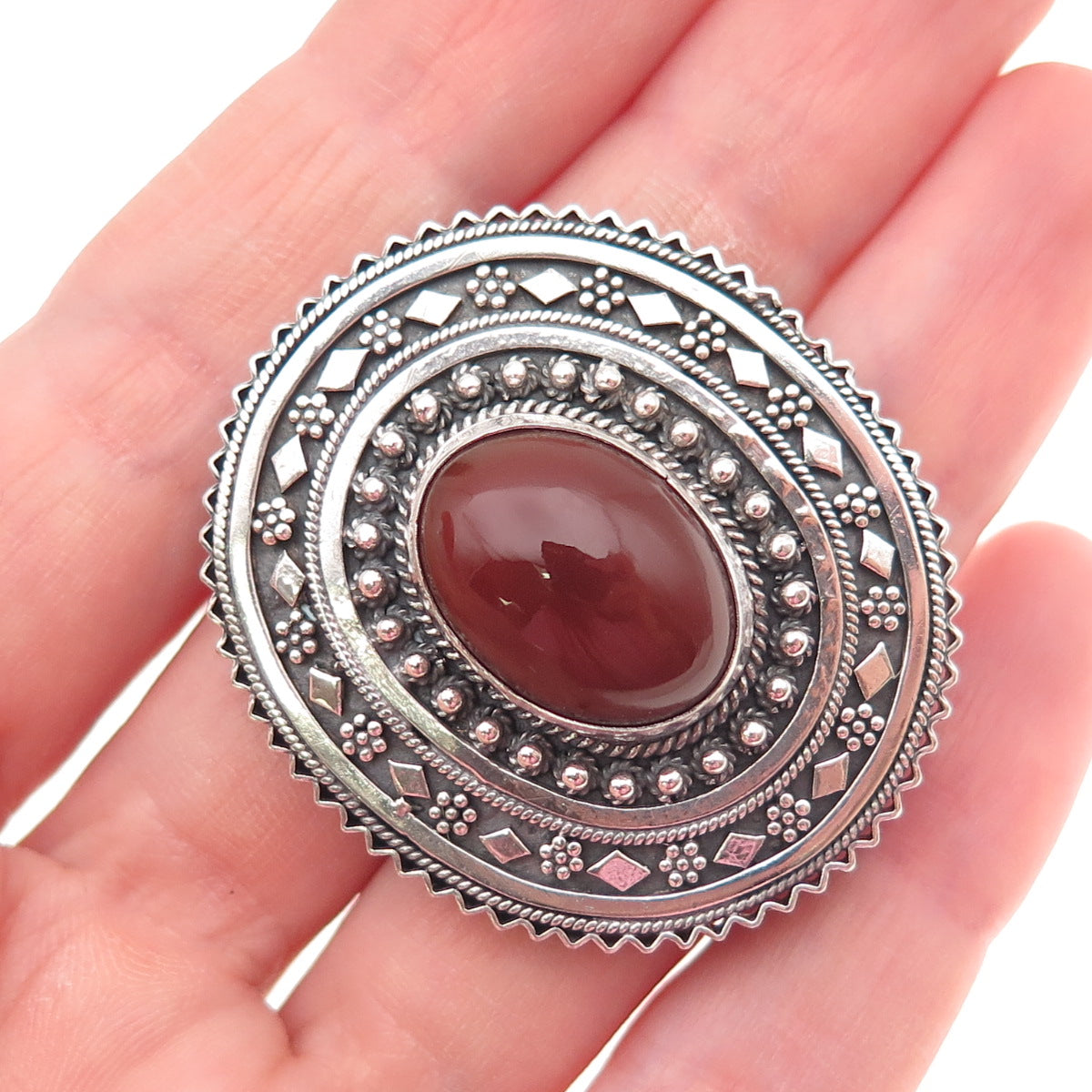 925 Sterling Silver Vintage Israel Real Carnelian Cannetille Pin Brooch Pendant