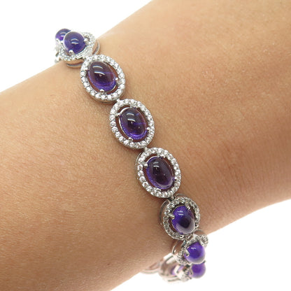 DSMK 925 Sterling Silver Amethyst & White Topaz Gem Tennis Link Bracelet 7.5"