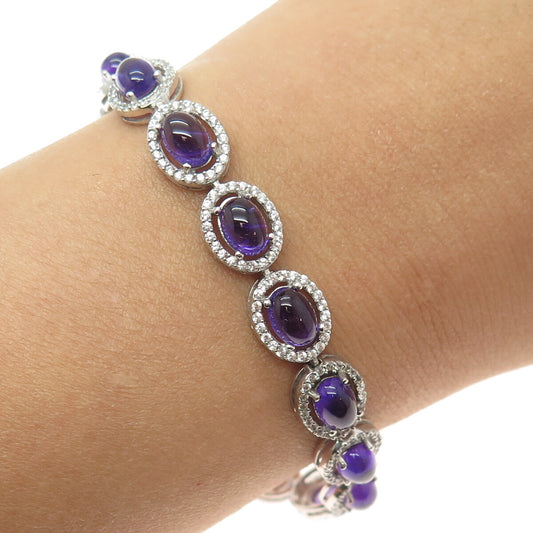 DSMK 925 Sterling Silver Amethyst & White Topaz Gem Tennis Link Bracelet 7.5"
