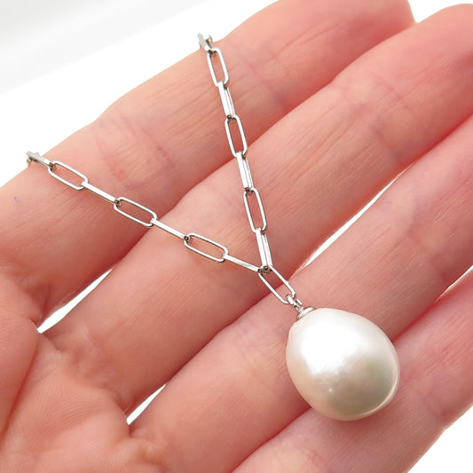 925 Sterling Silver Italy Real Pearl Paperclip Chain Necklace 22"