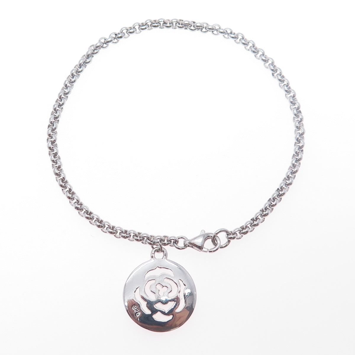 925 Sterling Silver Vintage Rose Flower Charm Rolo Link Bracelet 7.5"