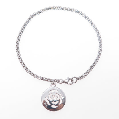 925 Sterling Silver Vintage Rose Flower Charm Rolo Link Bracelet 7.5"