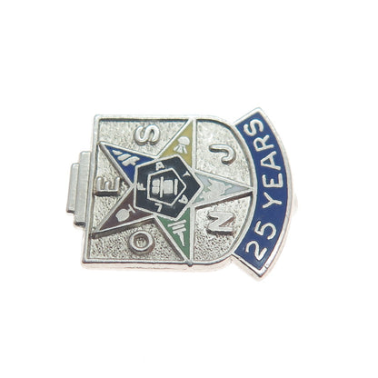 925 Sterling Silver Antique Colorful Enamel "25 Years" Masonic Star Award Brooch