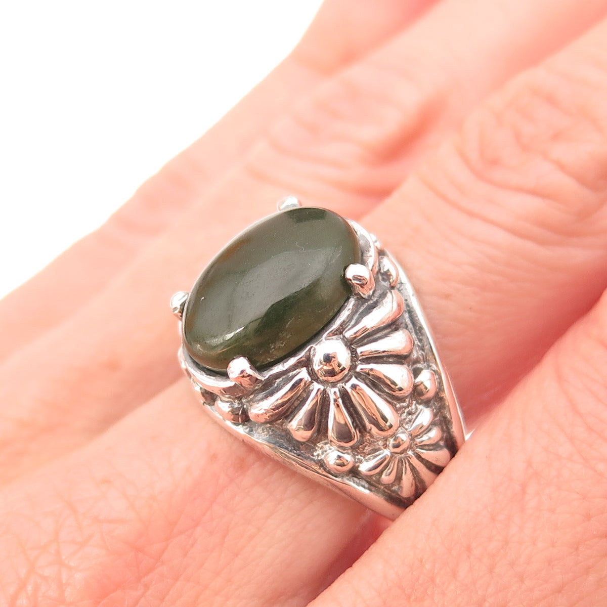 Kabana 925 Sterling Silver Vintage Real Jade Daisy Flower Oxidized Ring Size 10