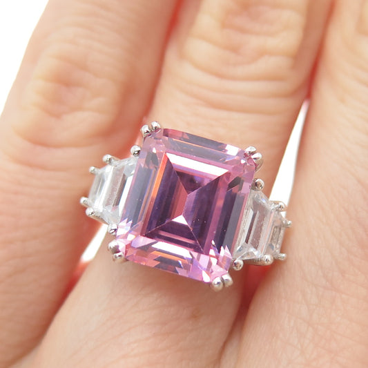 925 Sterling Vintage Emerald & Tapered Baguette-Cut Pink White C Z Ring Size 5.5