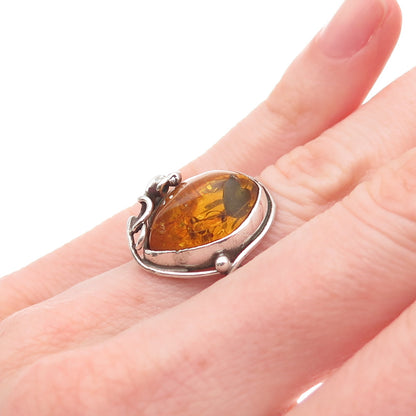 925 Sterling Silver Vintage JP Poland Real Amber Modernist Ring Size 4.75