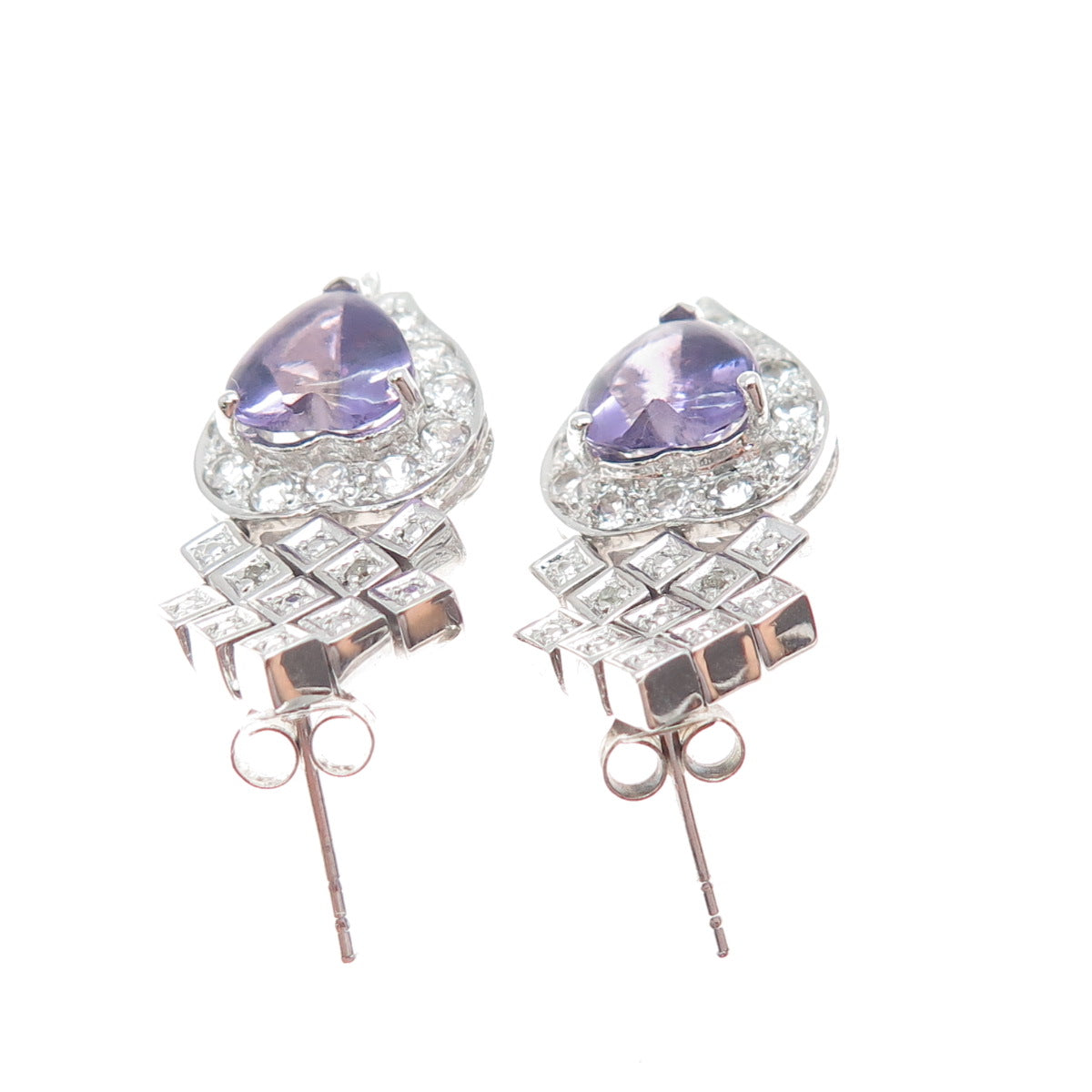 925 Sterling Silver Real Diamond Accent Amethyst & White Topaz Heart Earrings